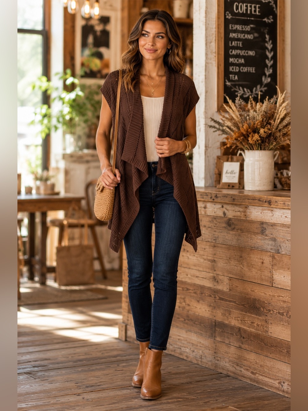 LOFT Brown‎ Open Knit Draped Cardigan Sweater XS/S Cotton Waterfall Vest Boho